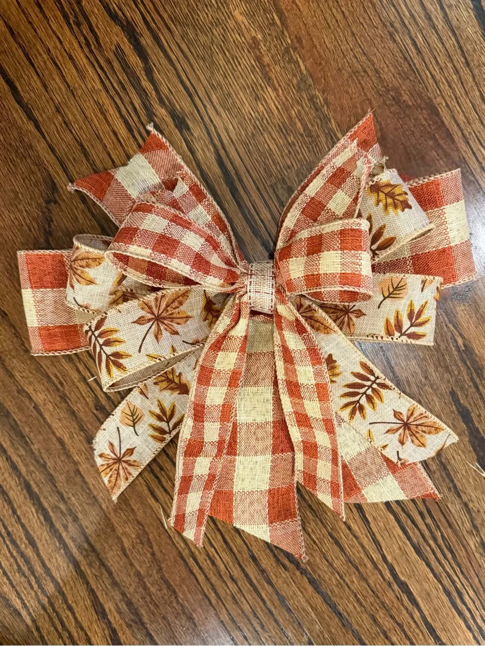Fall Plaid & Leaf Accent Bow - Orange and Cream Wreath Bow